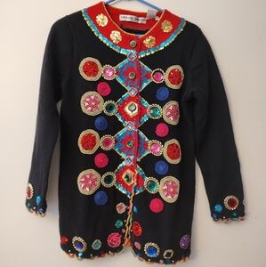 Vtg 90s Michael Simon Colorful Sequin Embroidered Holiday Sweater Embellished S